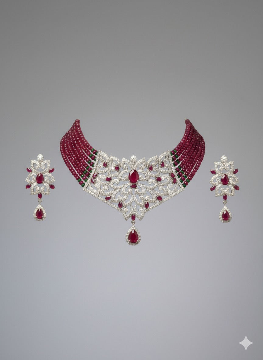 Lotus Jewel Statement Choker & Earring Set | Red & Green Beads