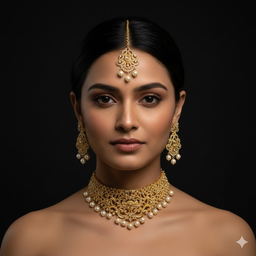 Gold & Pearl Filigree Choker Set with Tika