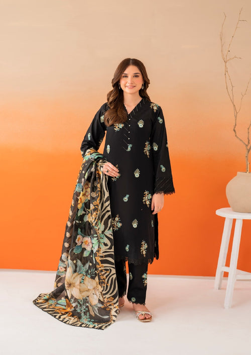 Zara Premium Lawn 3-Piece Unstitched Suit – Heavy Embroidery & Printed Dupatta