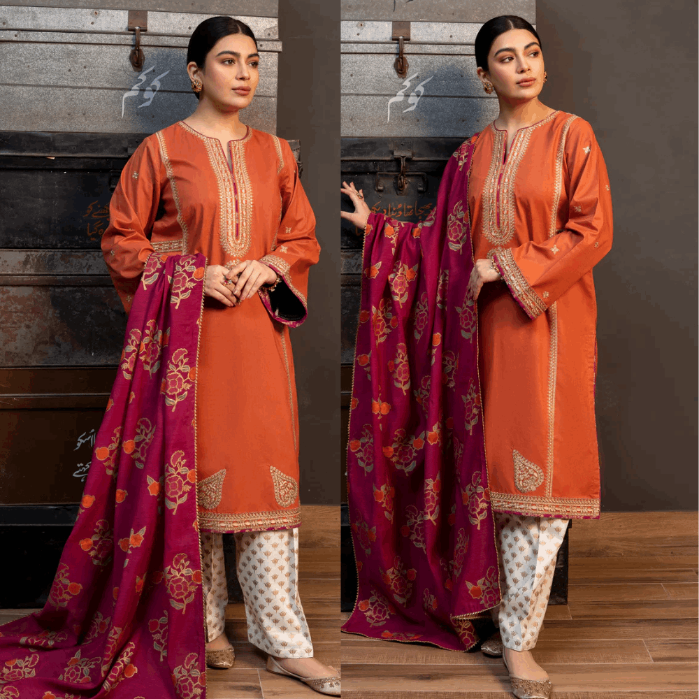Zara Shahjahan 3PC Unstitched Lawn Suit – Embroidered Shirt, Monark Print Dupatta & Trouser