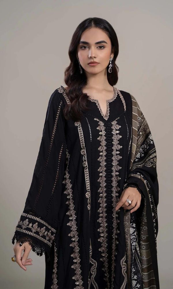 Dhanak 3PC Unstitched Heavy Embroidered Suit with Wool Digital Printed Shawl – Elegant Winter Wear