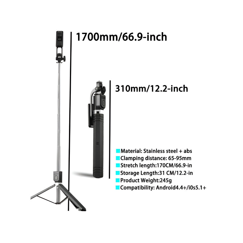 BD-17 1700mm Wireless Selfie Stick & Tripod Stand with Bluetooth Remote – Foldable, Extendable Monopod