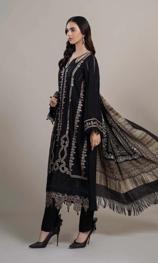 Dhanak 3PC Unstitched Heavy Embroidered Suit with Wool Digital Printed Shawl – Elegant Winter Wear