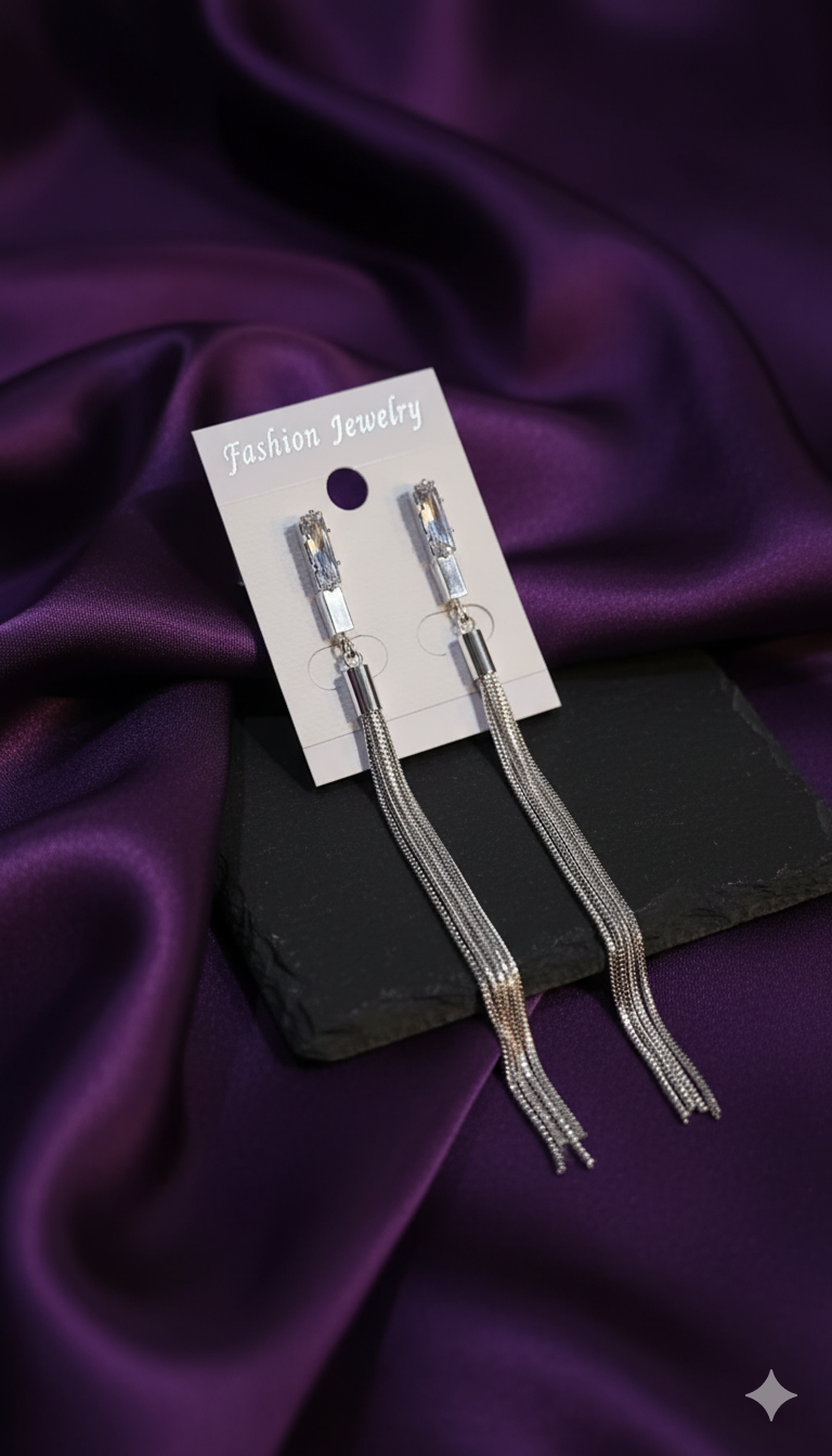 Modern Silver Crystal Tassel Earrings
