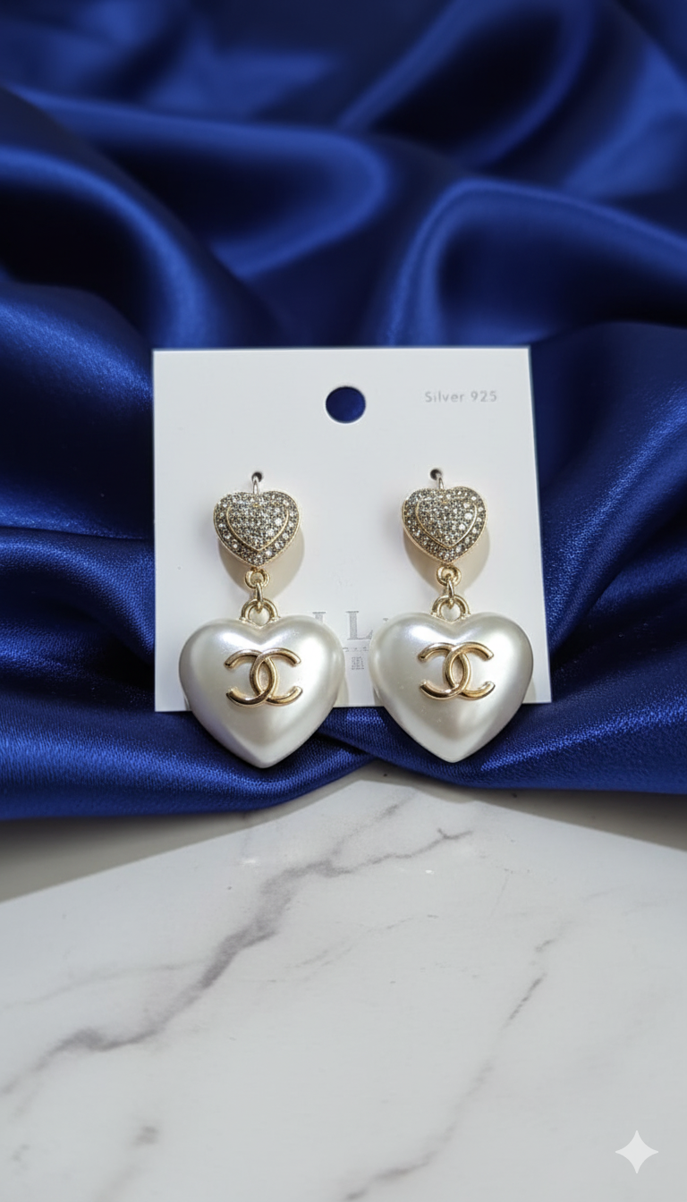 Channel Heart Pearl Drop Earrings