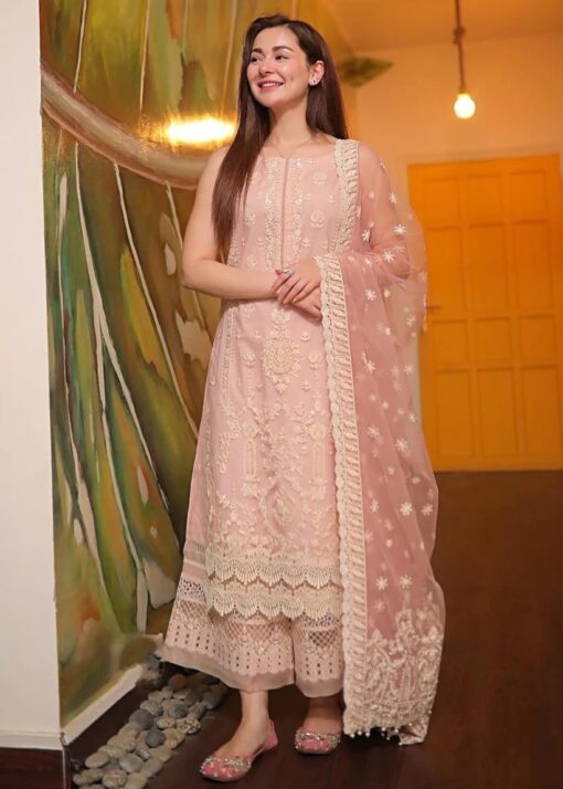 3-Piece Unstitched Heavy Embroidered Suit – Light Pink Elegance with Organza Dupatta