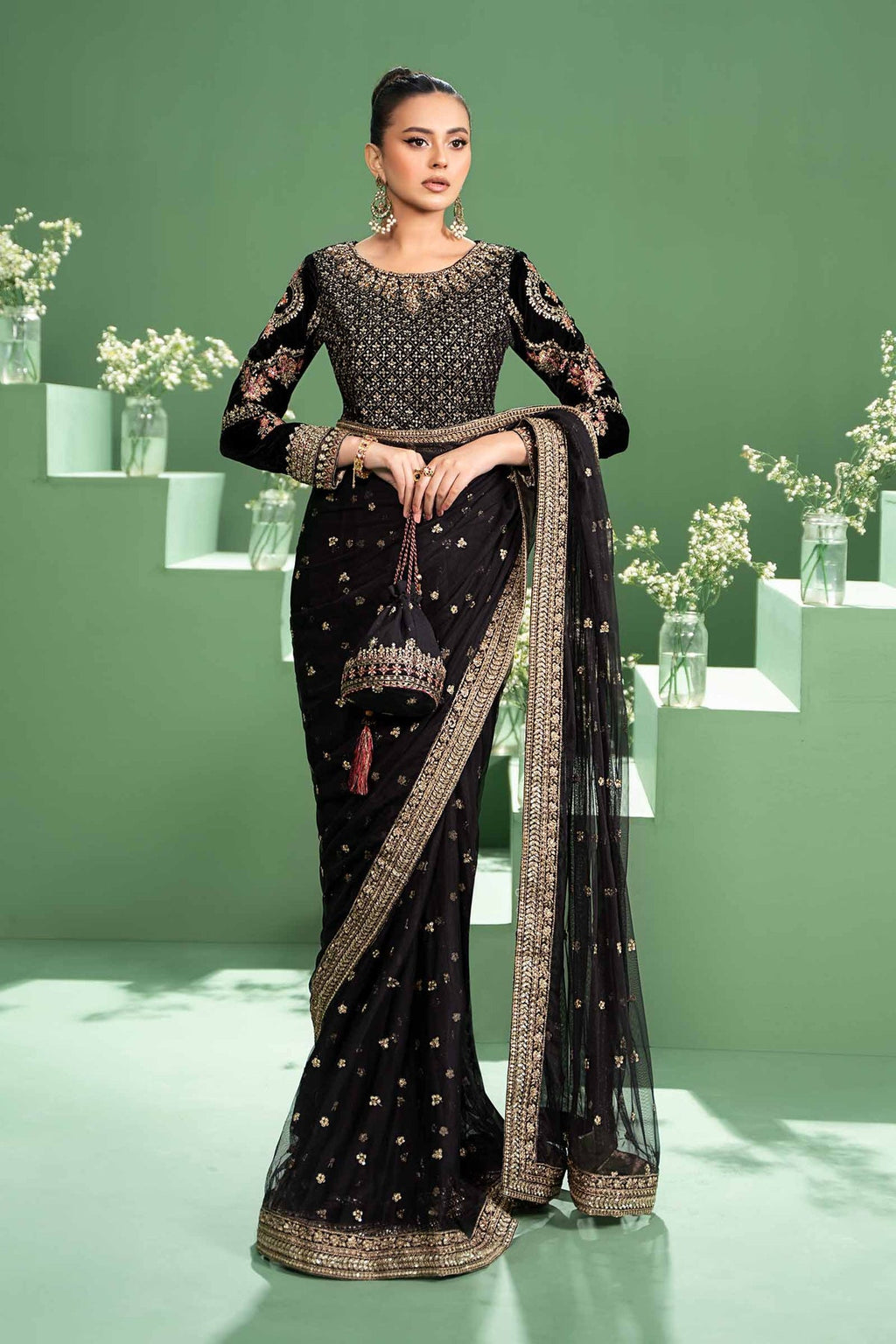 3 Piece Embroidered Net Saree