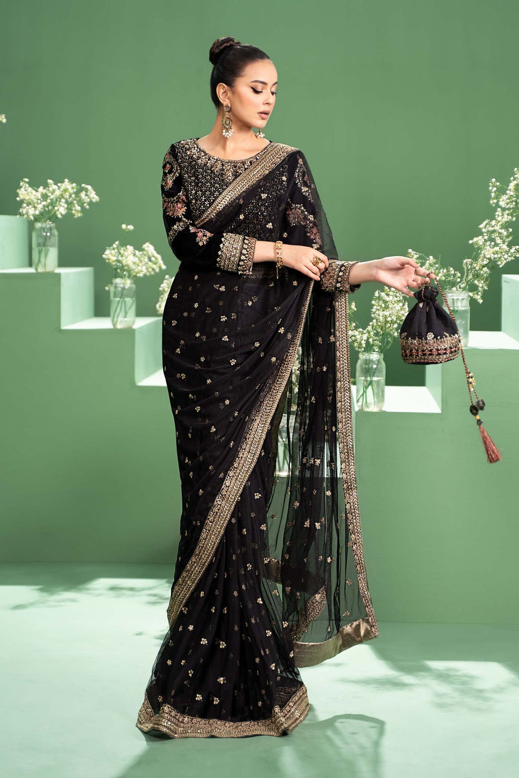 3 Piece Embroidered Net Saree