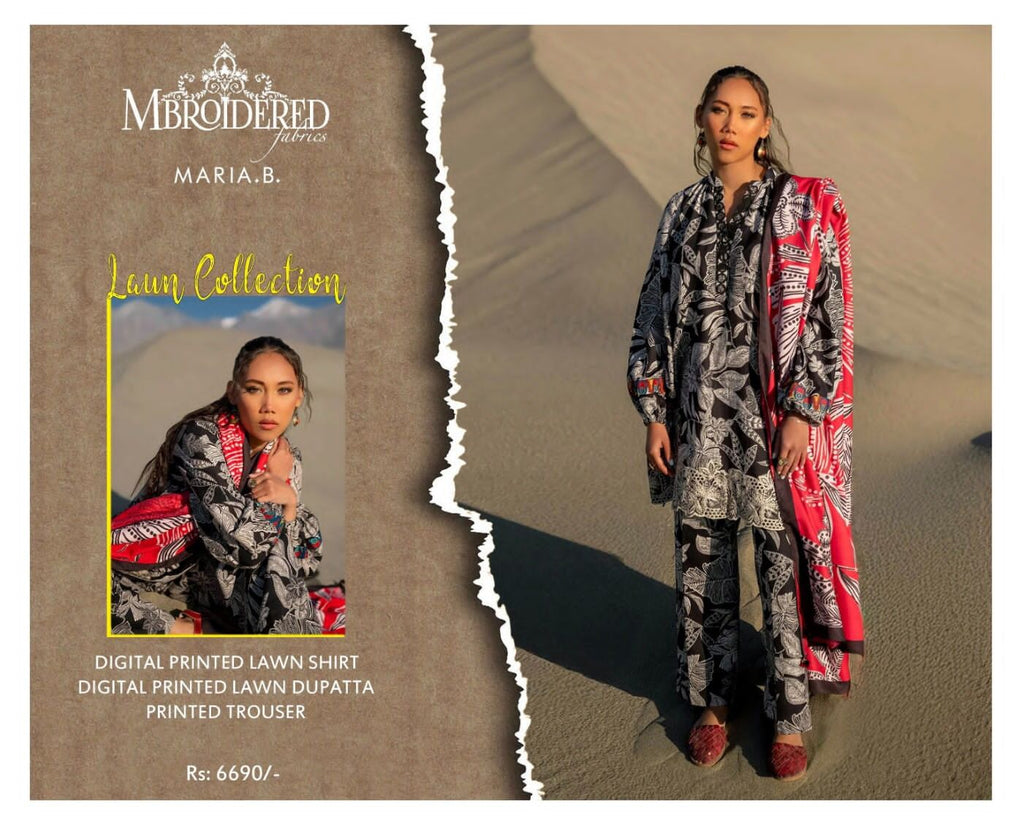 Maria B Summer Collection – High-Quality Lawn Suit with 4-Side Printed Lawn Dupatta