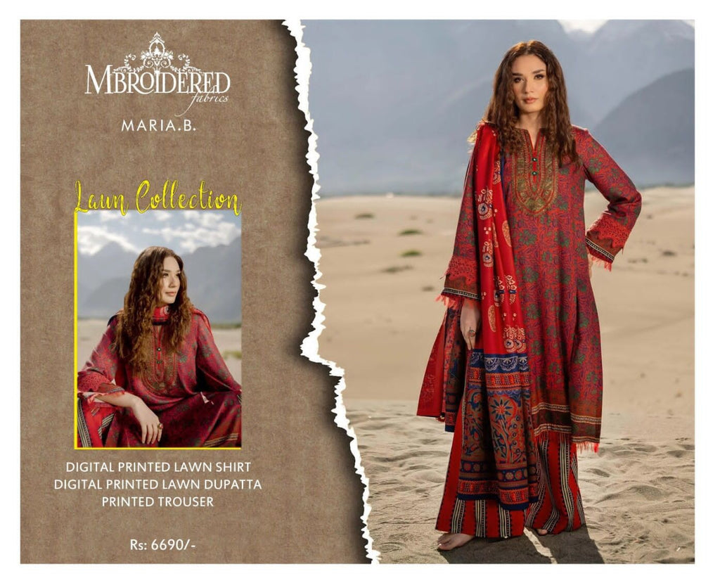 Maria B Summer Collection – High-Quality Lawn Suit with 4-Side Printed Lawn Dupatta