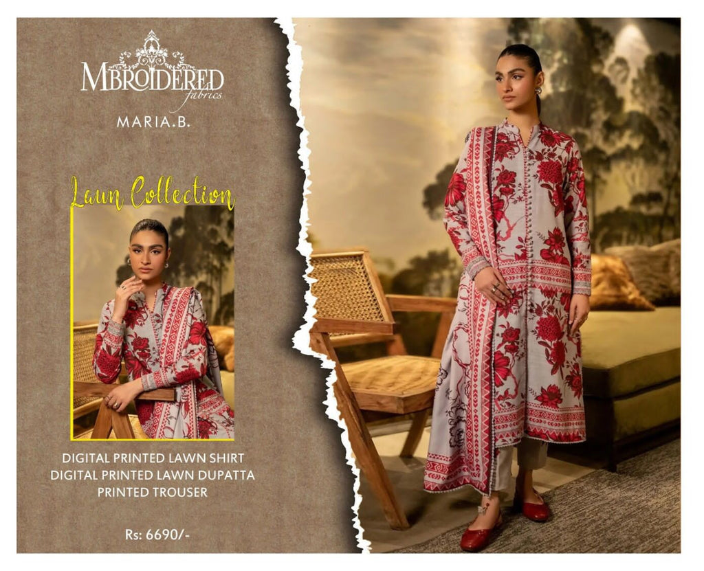 Maria B Summer Collection – High-Quality Lawn Suit with 4-Side Printed Lawn Dupatta