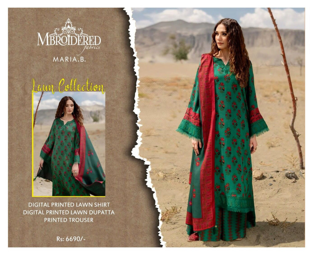 Maria B Summer Collection – High-Quality Lawn Suit with 4-Side Printed Lawn Dupatta