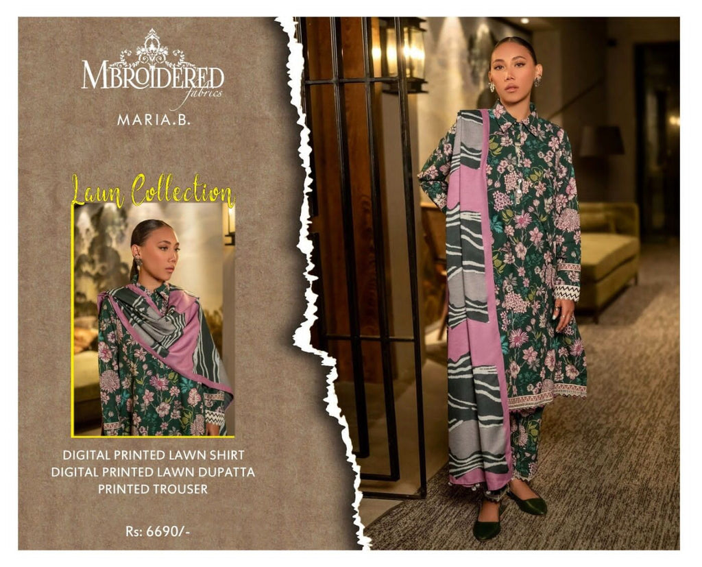 Maria B Summer Collection – High-Quality Lawn Suit with 4-Side Printed Lawn Dupatta