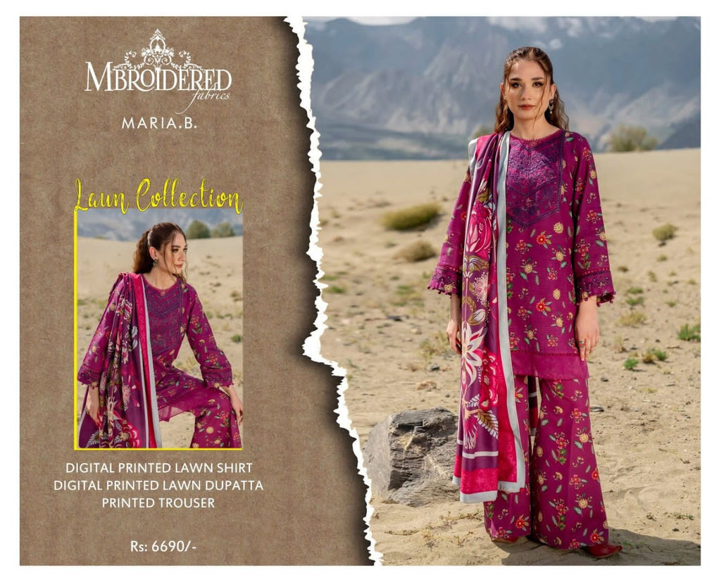 Maria B Summer Collection – High-Quality Lawn Suit with 4-Side Printed Lawn Dupatta