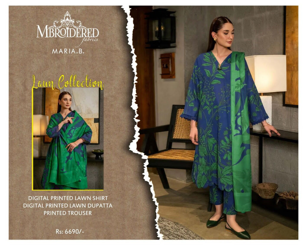 Maria B Summer Collection – High-Quality Lawn Suit with 4-Side Printed Lawn Dupatta