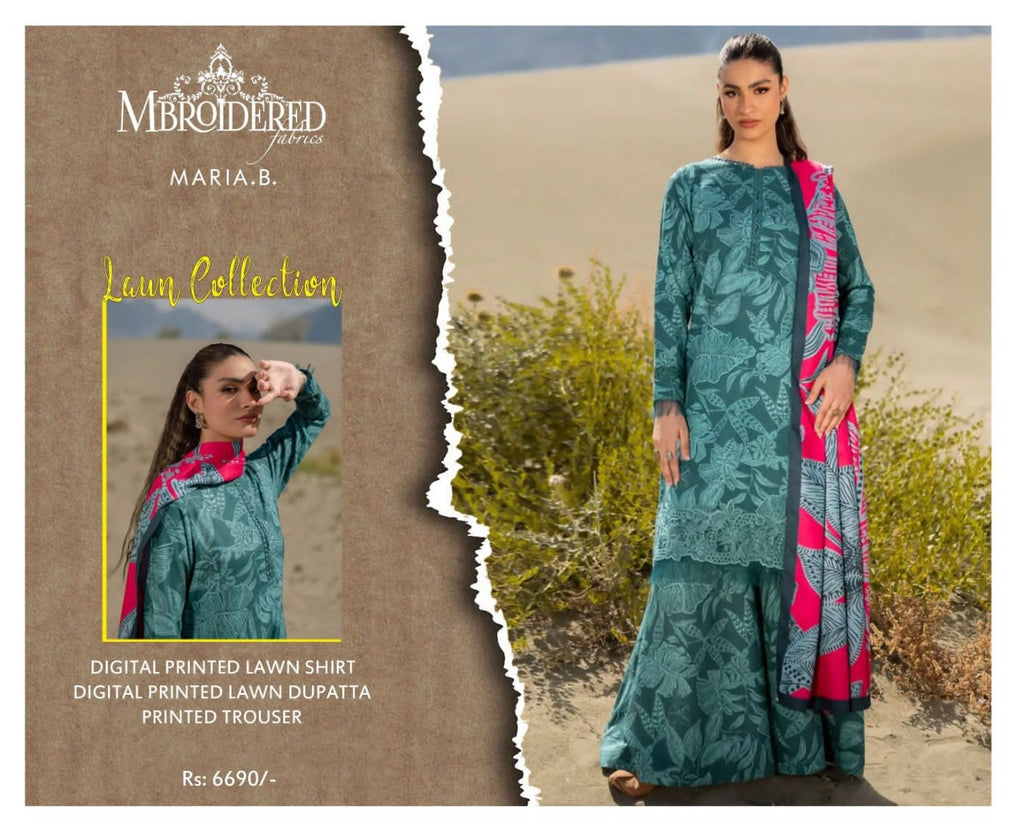 Maria B Summer Collection – High-Quality Lawn Suit with 4-Side Printed Lawn Dupatta