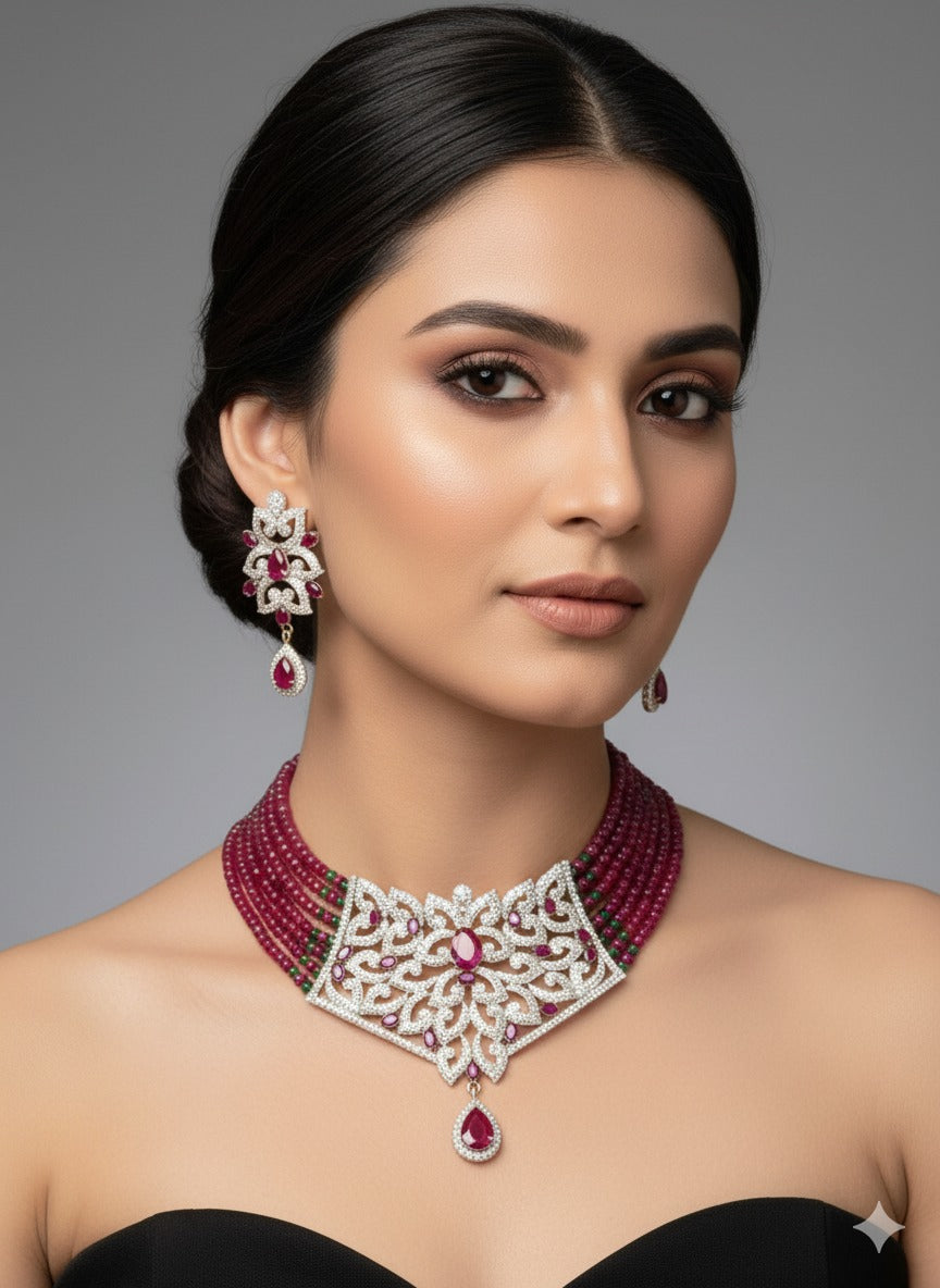 Lotus Jewel Statement Choker & Earring Set | Red & Green Beads