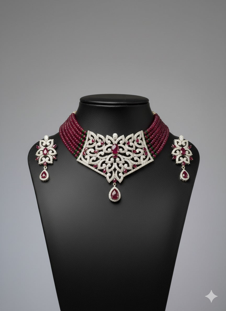 Lotus Jewel Statement Choker & Earring Set | Red & Green Beads
