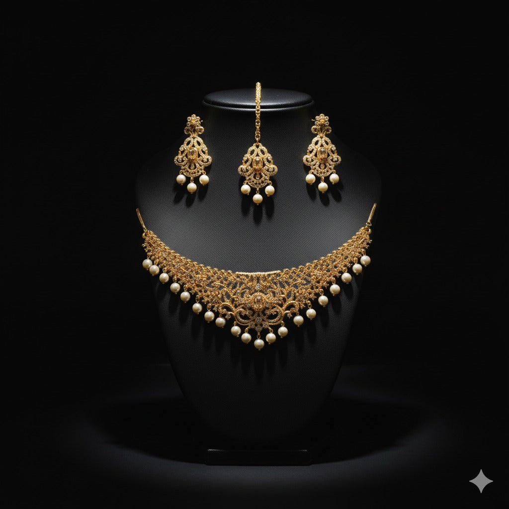 Gold & Pearl Filigree Choker Set with Tika