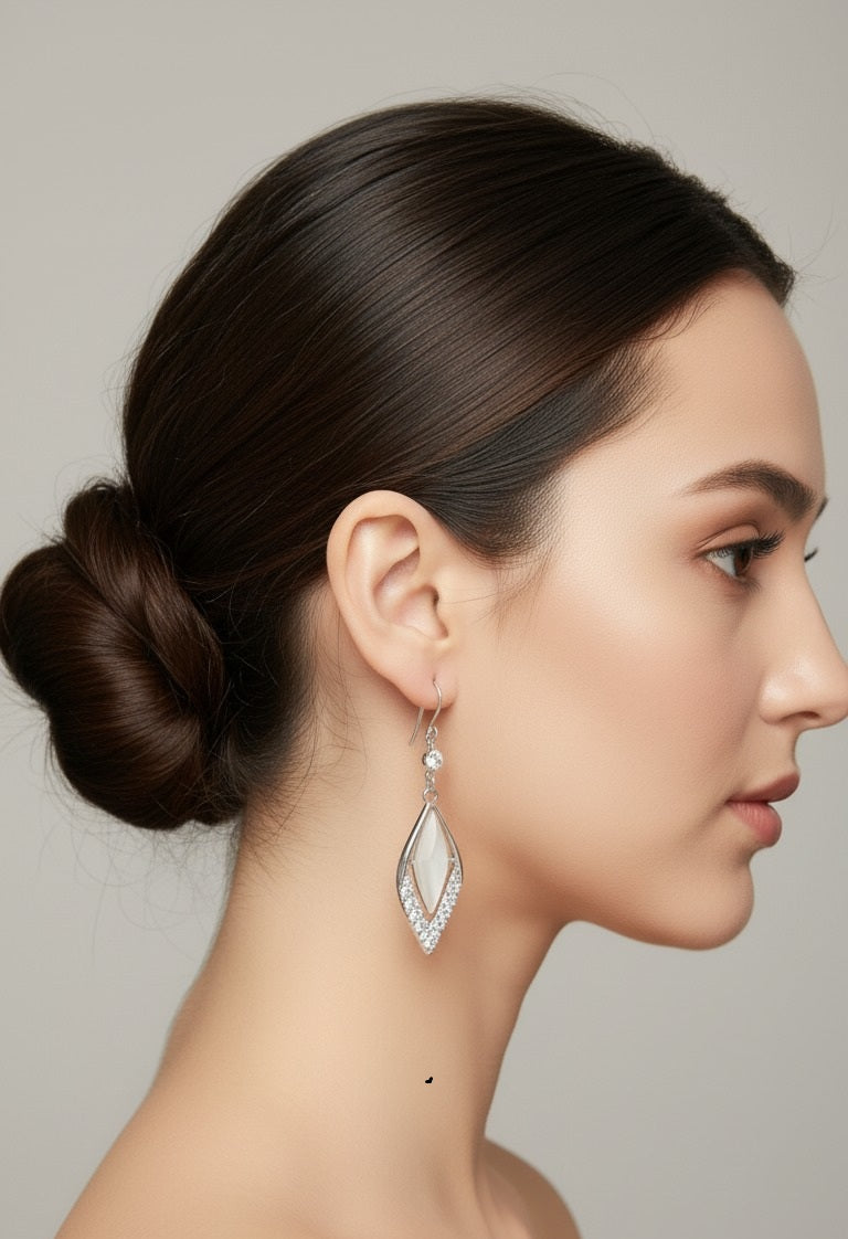 Silver & Crystal Marquise Drop Earrings | White Stone Halo
