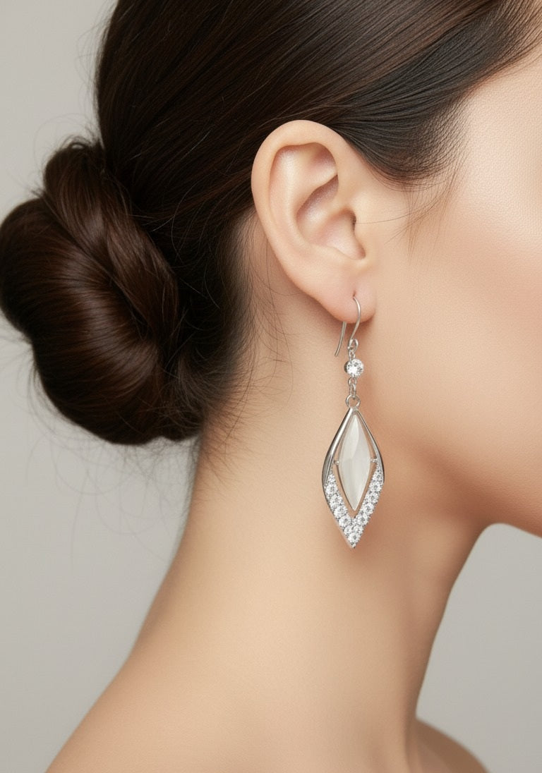 Silver & Crystal Marquise Drop Earrings | White Stone Halo