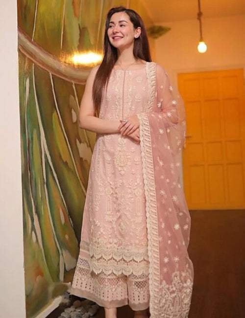 3-Piece Unstitched Heavy Embroidered Suit – Light Pink Elegance with Organza Dupatta