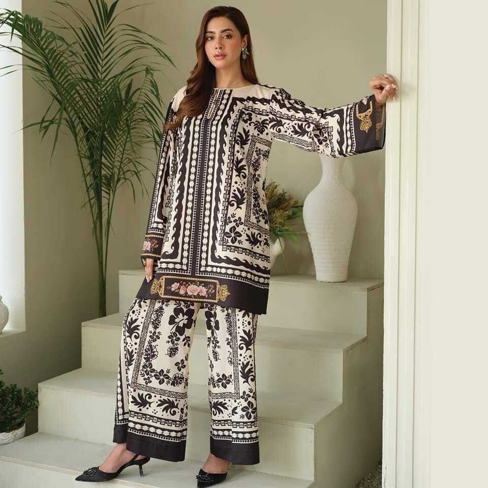 Azmin Digital Printed Lawn Suit – Elegant Black & White 2-Piece